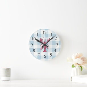 Nautisches Blau-Hummer-Gingham-Muster Runde Wanduhr