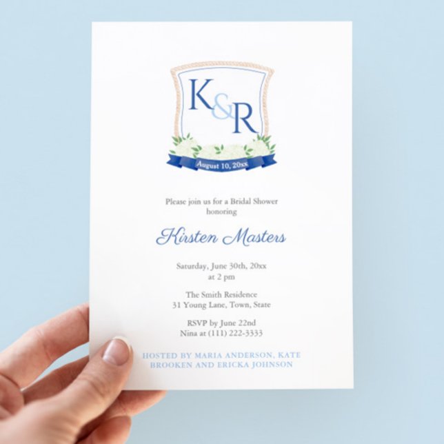 Nautisches Brautparty mit Monogramm-Wappen Einladung (High-end bridal shower cards featuring a coastal monogram and navy blue and white striped backer)