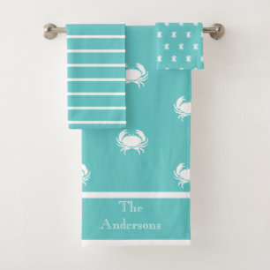 Nautisches Design mit weißer Krabbe auf Aquamarine Badhandtuch Set