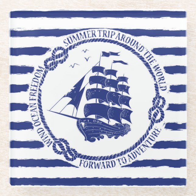 Nautisches Emblem mit Segelschiff Glasuntersetzer (Vorderseite)