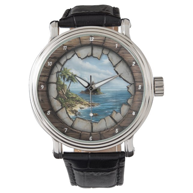 Nautisches Fenster Insel Escape Rustikale Küste Armbanduhr (Vorderseite)