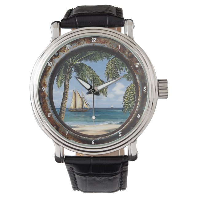 Nautisches Fenster Rustikales Tropisches Segelboot Armbanduhr (Vorderseite)
