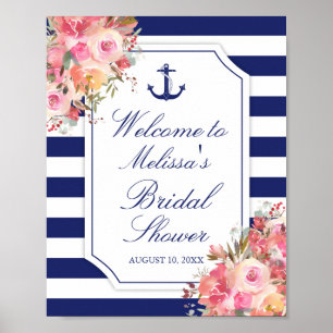 Nautisches florales Anker Blau gestreifte Brautpar Poster