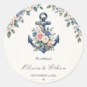 Nautisches florales Anker-Watercolor-Hochzeit Runder Aufkleber