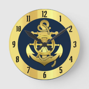 Nautisches Goldschiff/Bootanker/blau der Marine Runde Wanduhr