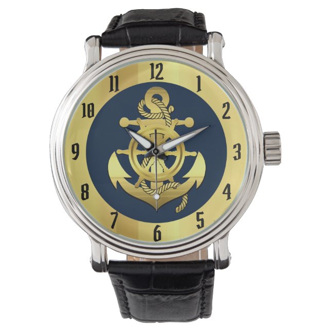 Nautisches Goldschiff/Bootanker/marineblaue runde  Armbanduhr (Vorderseite)