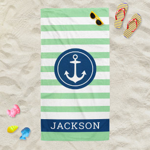 Nautisches grün gestreiftes Anker-Monogramm-Name Strandtuch