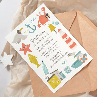 Nautisches Kindergeburtstag Party. Meerestiere Einladung