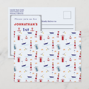 Nautisches Leuchtturm-Muster 1. Geburtstagsfeier  Postkarte