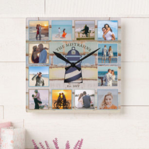 Nautisches Leuchtturm-Vintage-Holz 12-Foto-Collage Quadratische Wanduhr