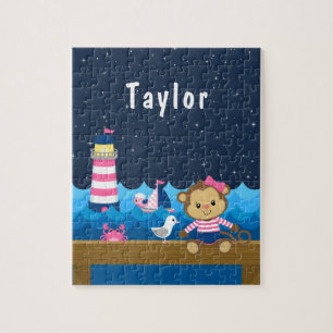 Nautisches Mädchen-Affe Pink und Navy Puzzle