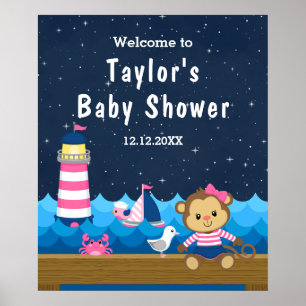 Nautisches Mädchen-Affe Rosa Navy Baby Shower Will Poster