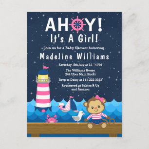 Nautisches Mädchen-Affe Rosa und Marine Baby Showe Postkarte