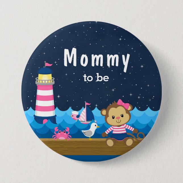 Nautisches Mädchen-Affe Rosa und Navy Schwanger Button (Vorderseite)