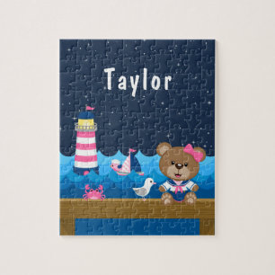 Nautisches Mädchen-Bär Rosa und Marineblau Puzzle