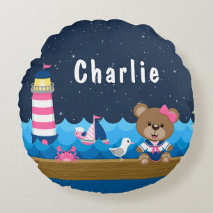 Nautisches Mädchen-Bär Rosa und Marineblau Rundes Kissen