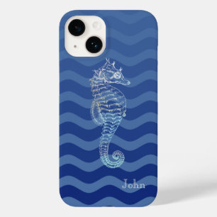 Nautisches Marineblau-Streifenwellen-Seepferdchen Case-Mate iPhone 14 Hülle