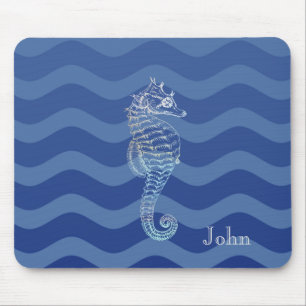 Nautisches Marineblau-Streifenwellen-Seepferdchen Mousepad