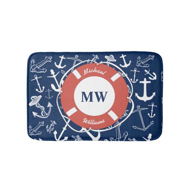 Nautisches Mongram Navy Blue Anchor Muster Badematte (Vorderseite)