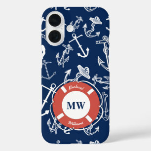 Nautisches Mongram Navy Blue Anchor Muster iPhone 16 Hülle