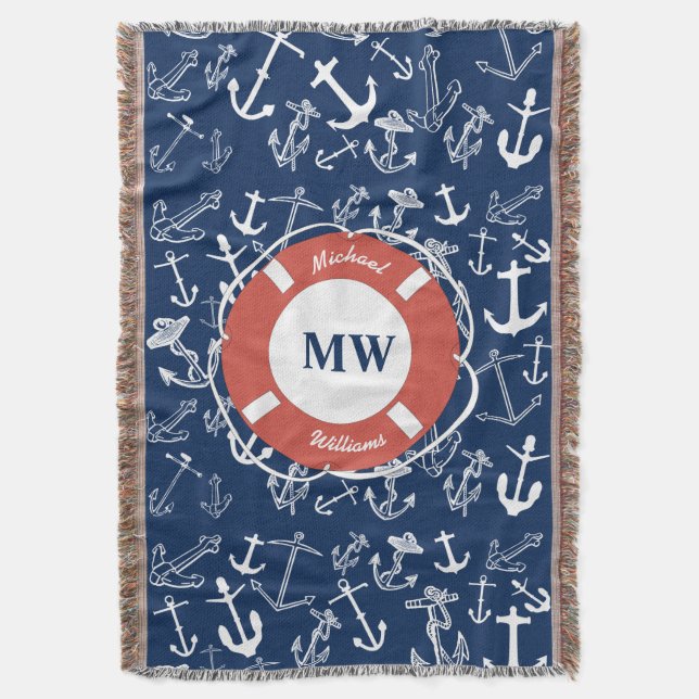 Nautisches Mongram Navy Blue Anchor Muster Decke (Vorderseite Vertikal)