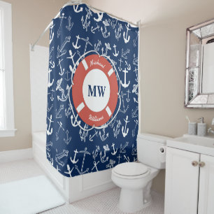 Nautisches Mongram Navy Blue Anchor Muster Duschvorhang