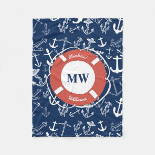 Nautisches Mongram Navy Blue Anchor Muster Fleecedecke