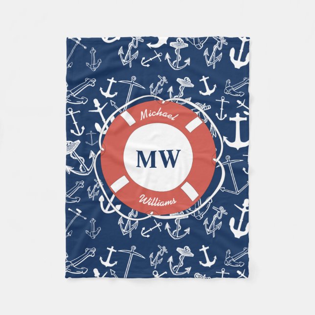 Nautisches Mongram Navy Blue Anchor Muster Fleecedecke (Vorderseite)