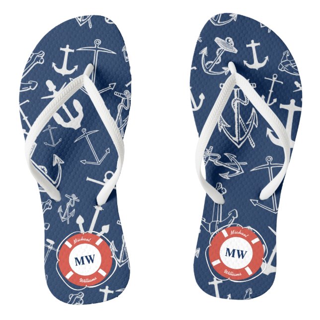 Nautisches Mongram Navy Blue Anchor Muster Flip Flops (Fußbett)