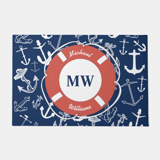 Nautisches Mongram Navy Blue Anchor Muster Fußmatte (Vorderseite)