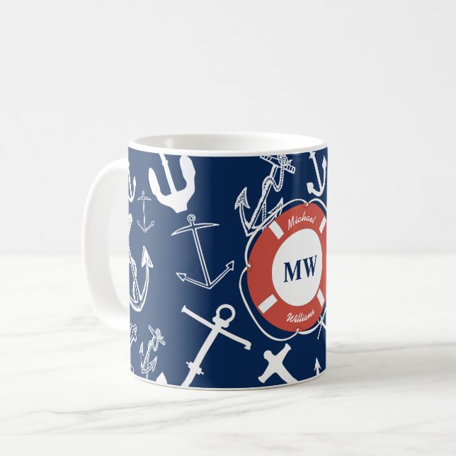 Nautisches Mongram Navy Blue Anchor Muster Kaffeetasse (Vorderseite Links)