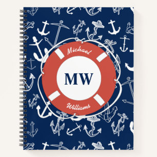 Nautisches Mongram Navy Blue Anchor Muster Notizbuch