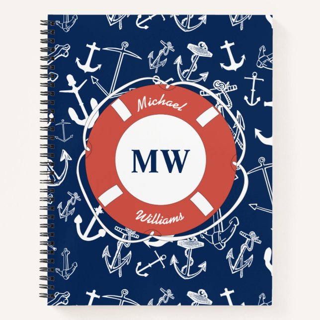 Nautisches Mongram Navy Blue Anchor Muster Notizbuch (Vorderseite)