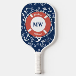 Nautisches Mongram Navy Blue Anchor Muster Pickleball Schläger
