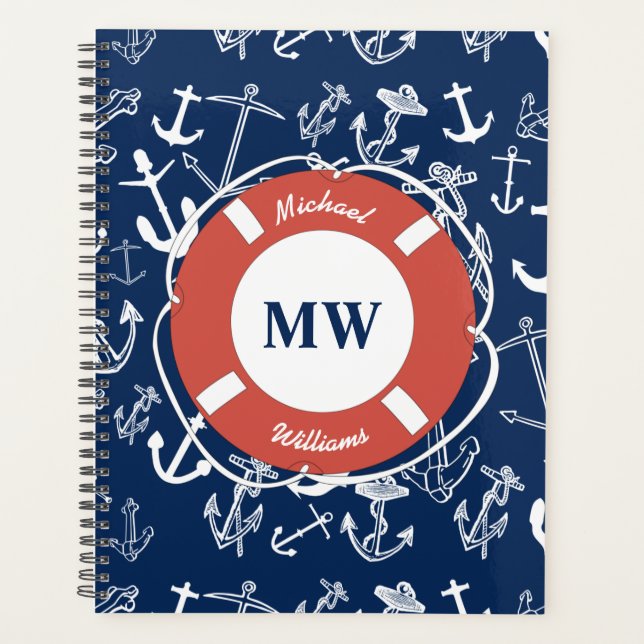 Nautisches Mongram Navy Blue Anchor Muster Planer (Vorderseite)