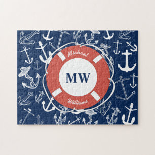 Nautisches Mongram Navy Blue Anchor Muster Puzzle