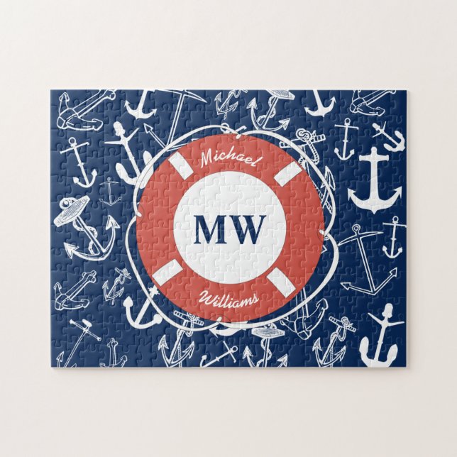 Nautisches Mongram Navy Blue Anchor Muster Puzzle (Horizontal)