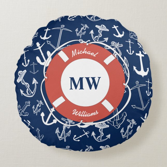 Nautisches Mongram Navy Blue Anchor Muster Rundes Kissen (Vorderseite)