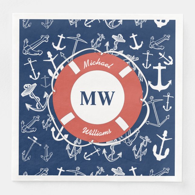 Nautisches Mongram Navy Blue Anchor Muster Serviette (Vorderseite)