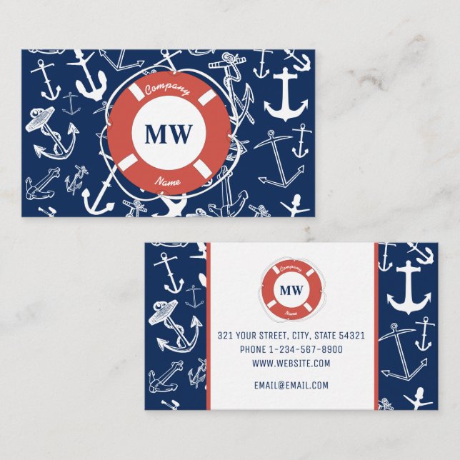 Nautisches Mongram Navy Blue Anchor Muster Visitenkarte (Vorne/Hinten)
