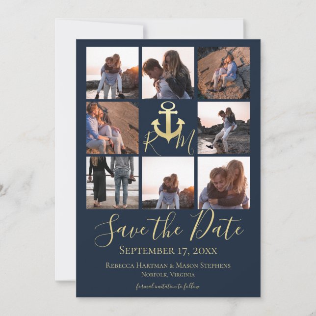 Nautisches Monogramm Navy Blue Multi Foto Save The Date (Vorderseite)