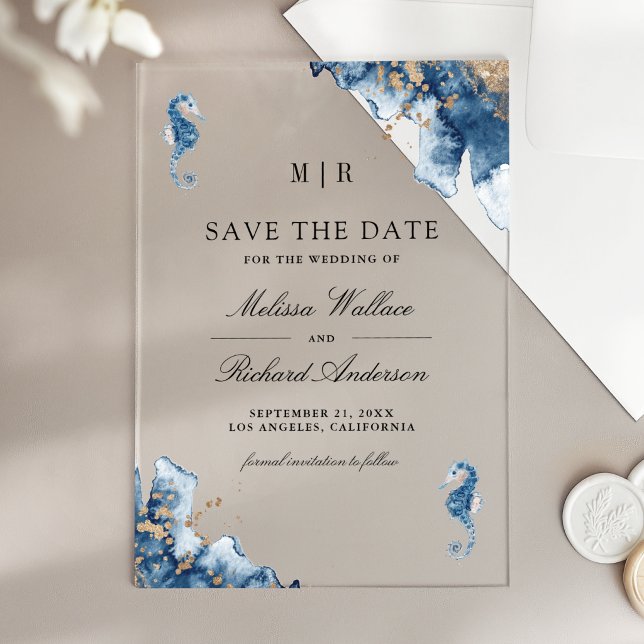 Nautisches Monogramm-Seepferdchen-Hochzeit-Save-th Acryleinladungen (Von Creator hochgeladen)