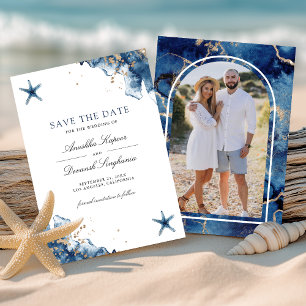 Nautisches Navy Blau Seestern-Foto-Hochzeit Save The Date