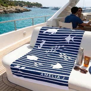 Nautisches Navy-Weiß gestreiftes Meer-Leben-Monogr Strandtuch