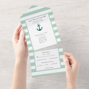 Nautisches Pastellgrün und weiße Streifen All In One Einladung