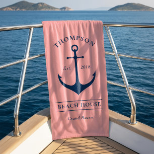 Nautisches Rosa Anker Strandhaus Monogramm Strandtuch