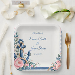 Nautisches Rosa Blaues Florales Anker Hochzeit  Pappteller