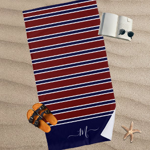 Nautisches Rot Weiß Blau Gestreiftes Monogramm Nam Strandtuch