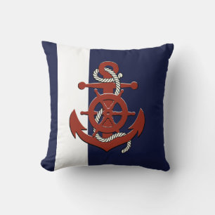 Nautisches rotes Schiffsrad/Anker Marineblau-Wurf Kissen
