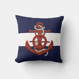 Nautisches rotes Schiffsruder/Anker Marineblau-Wur Kissen